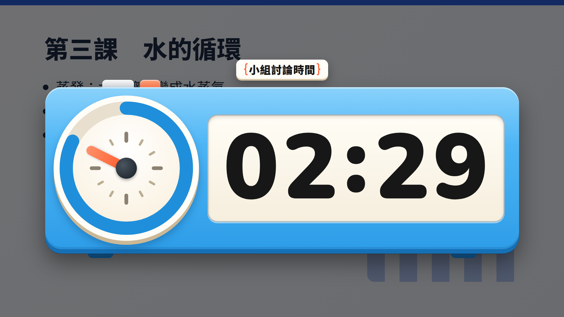 立體文具主題的全螢幕倒數：藍色計時器顯示 02:29，標題「小組討論時間」。