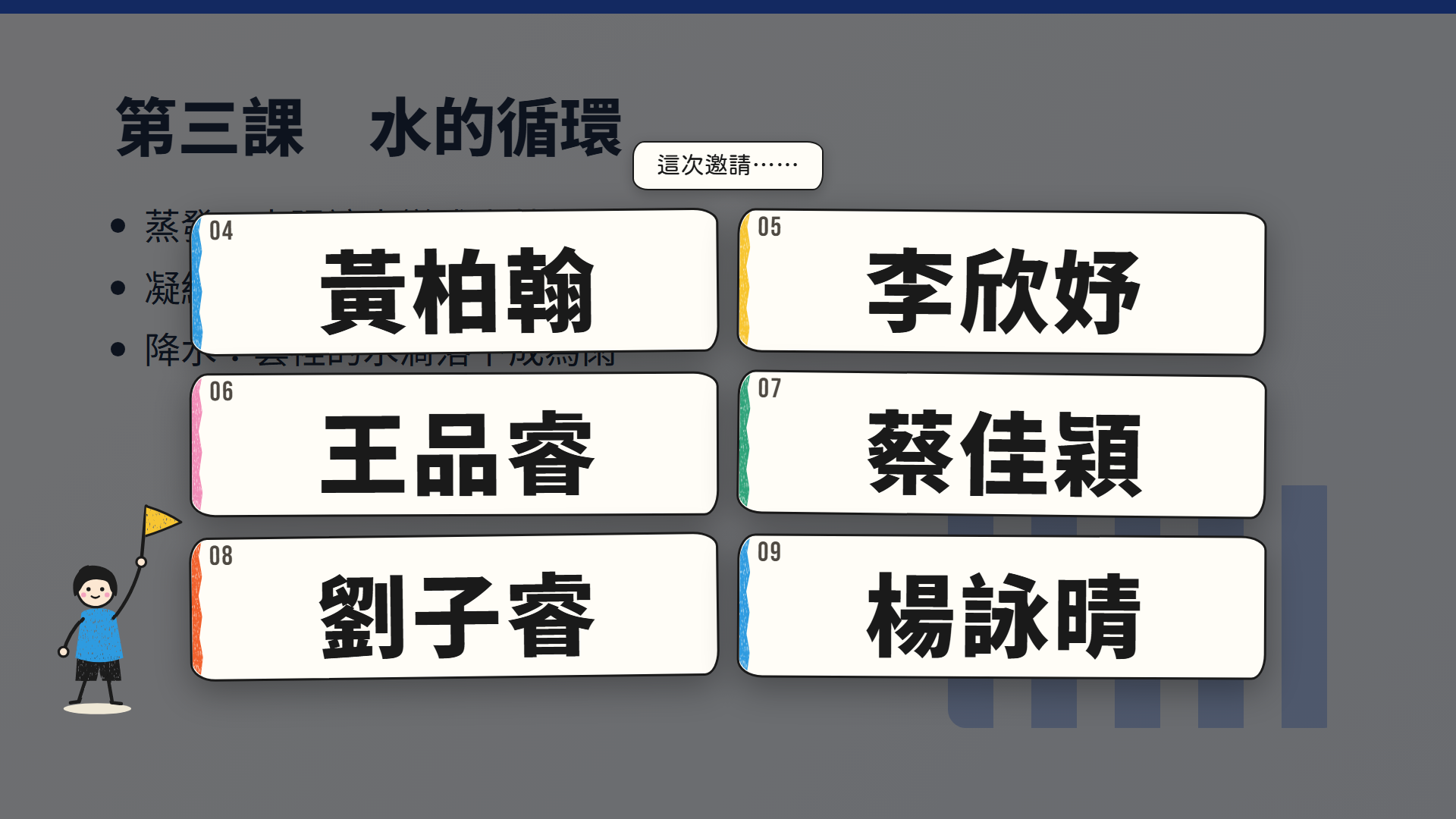 手繪共學主題的抽籤畫面：一次抽出六位同學，六張手繪風格的名牌各寫著座號與姓名。