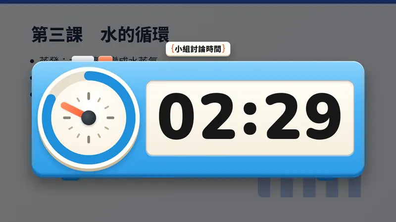 立體文具主題的全螢幕倒數：藍色計時器顯示 02:29，標題「小組討論時間」。