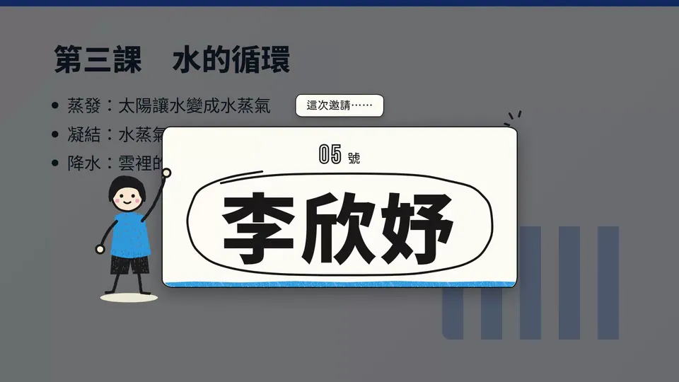 手繪共學主題的抽籤動態：手繪名牌快速翻動，最後由舉手的小人揭曉 05 號李欣妤。